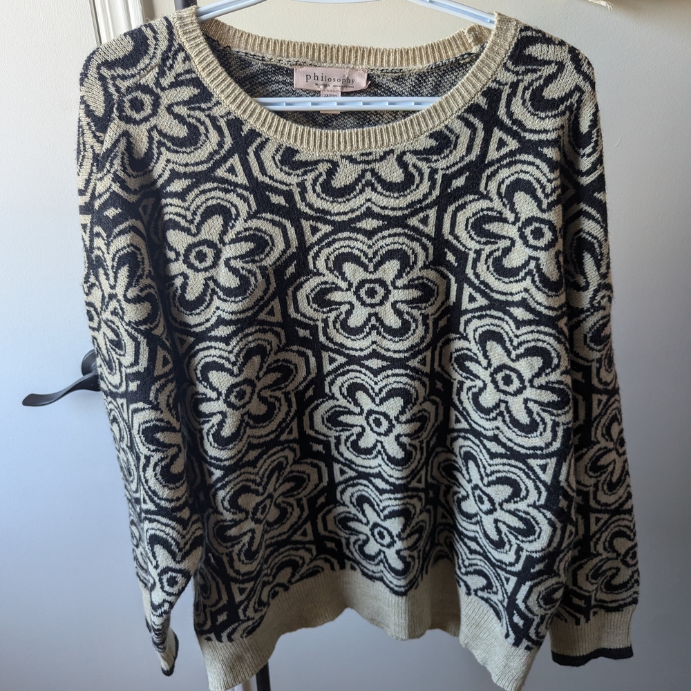 Philosophy Plus Size Black and Tan Floral Crew Neck Sweater